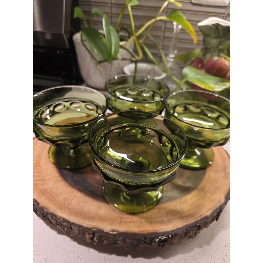 VTG Avocado Green Indiana Glass Kings Crown Thumbprint Dessert Goblet Set Of 4